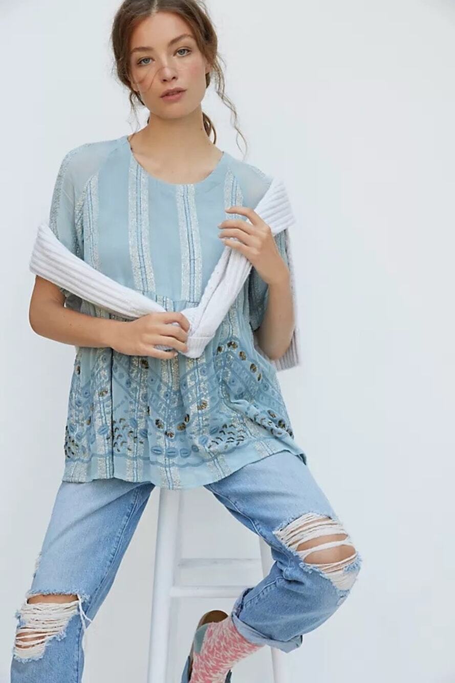Raga by Anthropologie Beaded Embellished Cotton Flowy Boho Blouse Size XS